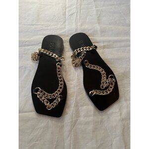 RAYE Chain Sandals Black Flats Gold Chain